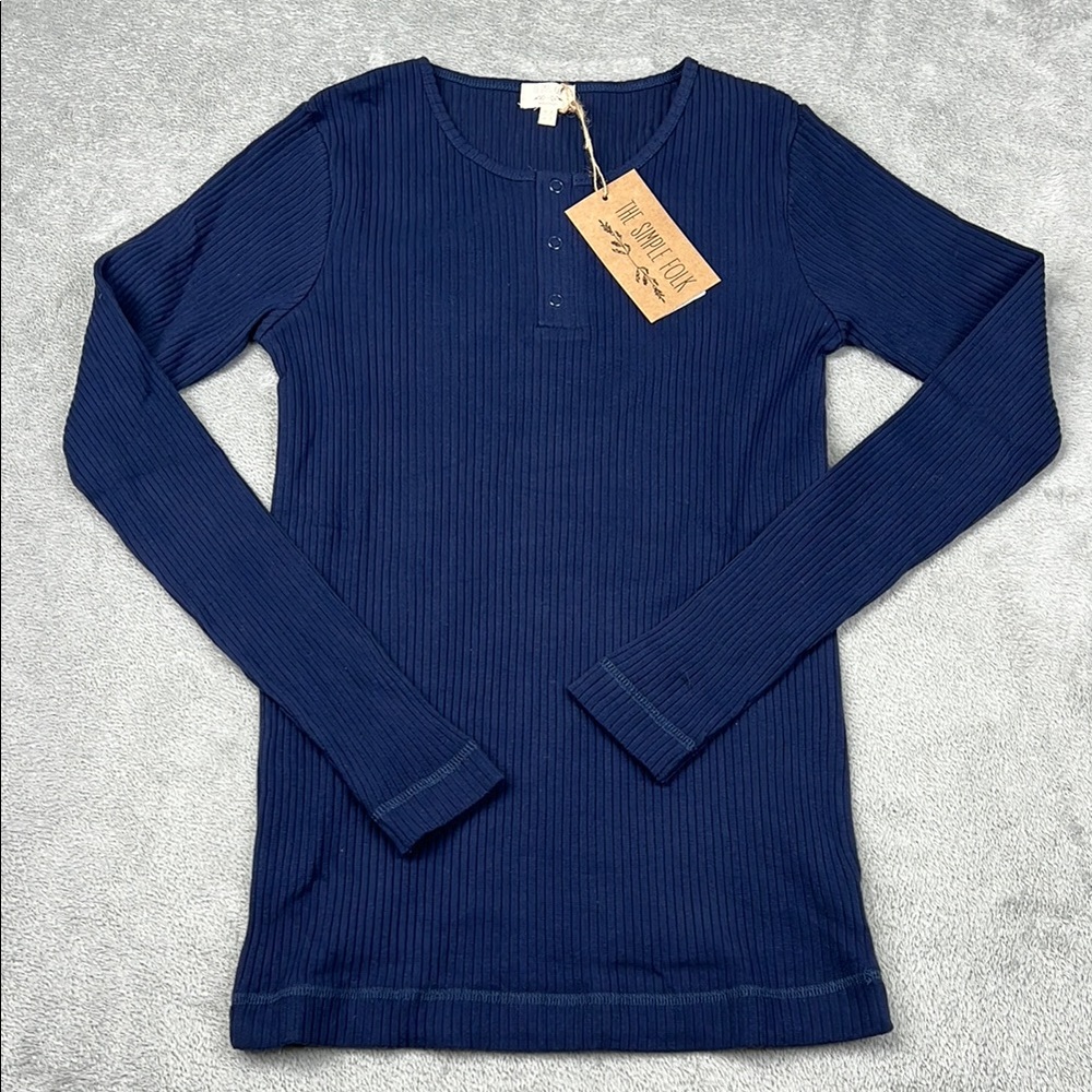 NEW The‎ Simple Folk 2 Organic Cotton Indigo Blue Women's Ribbed Henley Top